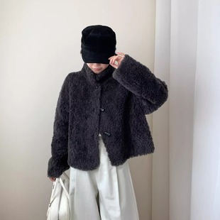 25秋冬绵羊毛韩系羊剪绒羊羔毛皮毛一体皮草小牛角扣立领短款外套