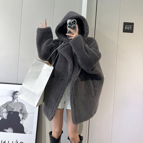 新款泰迪带帽短款羊剪绒皮草外套