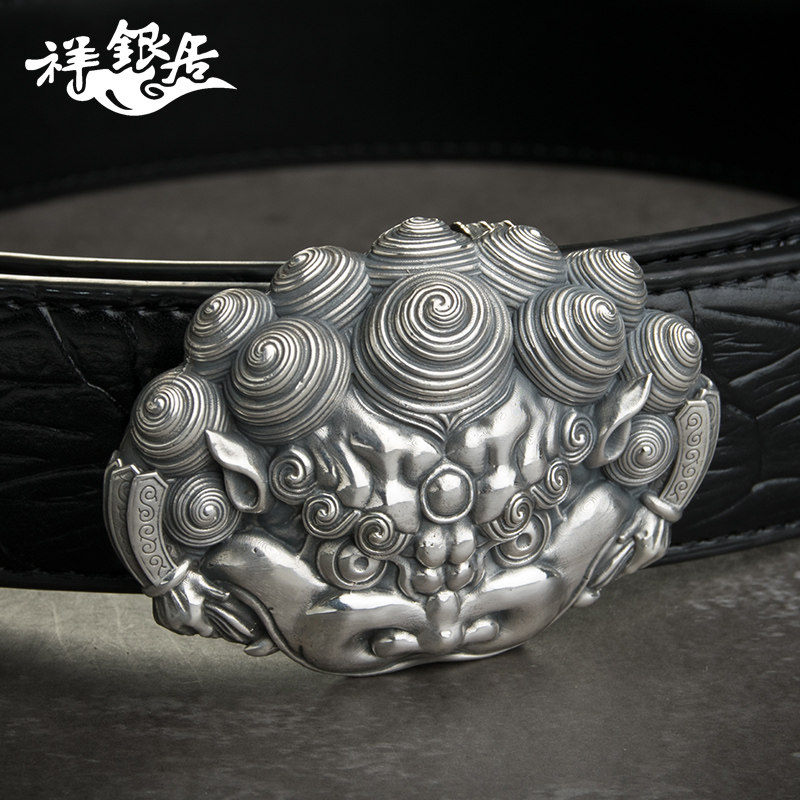 唐狮 复古个性纯银皮带扣头 平滑扣999足银腰带 醒狮图腾皮带扣