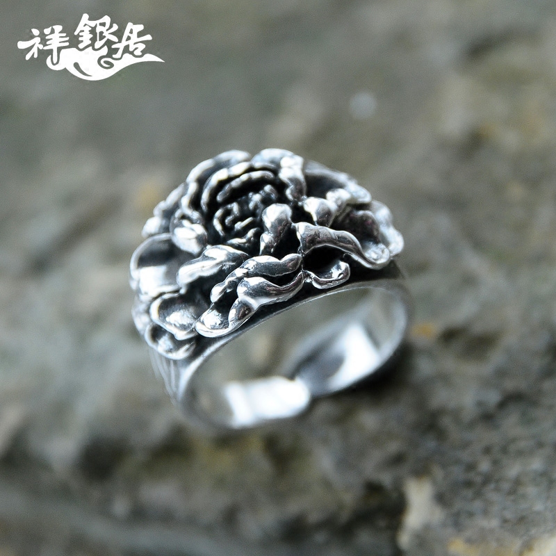 手工玫瑰花指环情侣民族风纯银