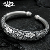 祥银居云南手工银饰立体浮雕宽面水滴开口吉祥鱼莲复古手镯.珍藏