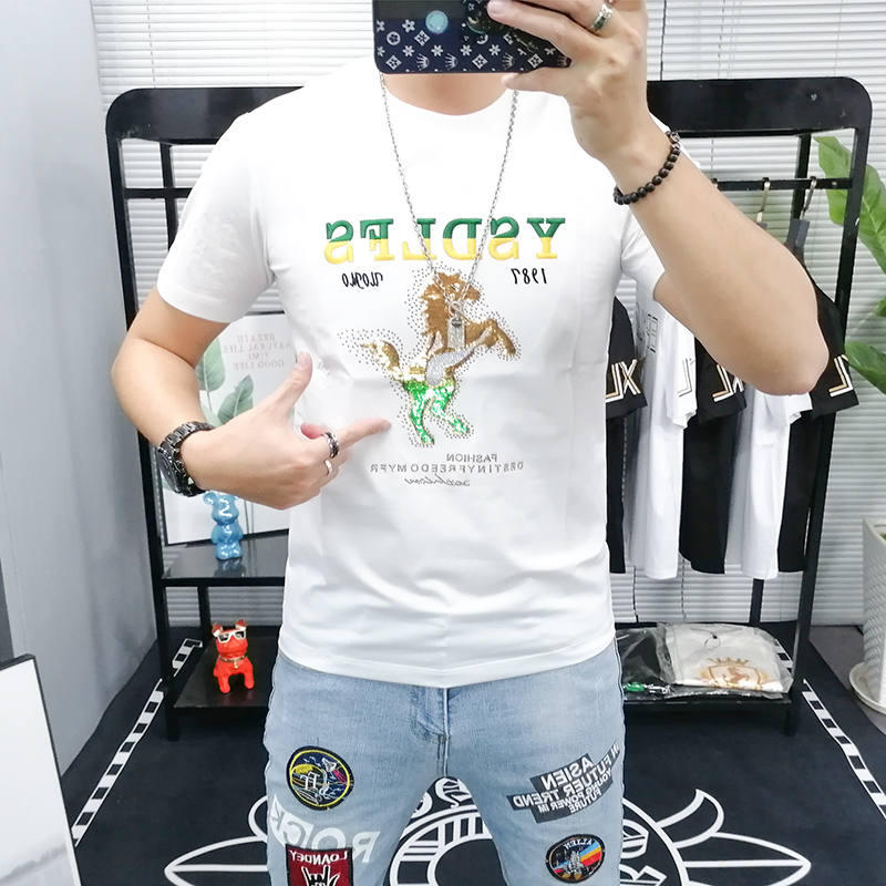 2025夏季新款丝光棉短袖T恤男士修身时尚帅气刺绣半截袖欧洲站潮