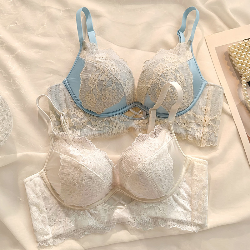 小胸聚拢显大无钢圈内衣女收副乳防下垂夏天白色文胸性感蕾丝胸罩