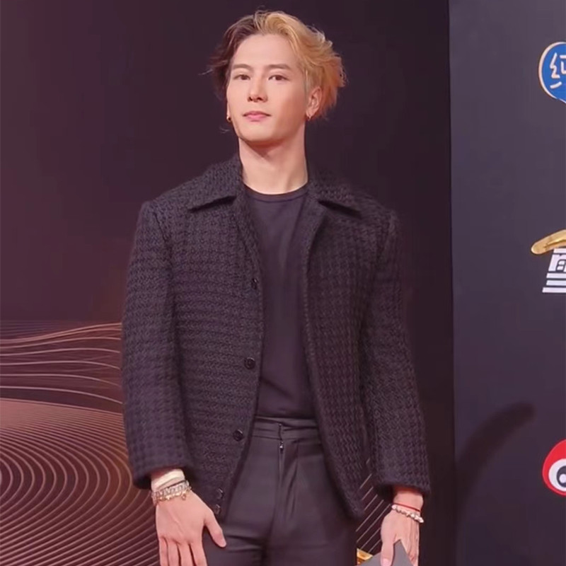 王嘉尔明星同款黑色粗花呢小香风西服