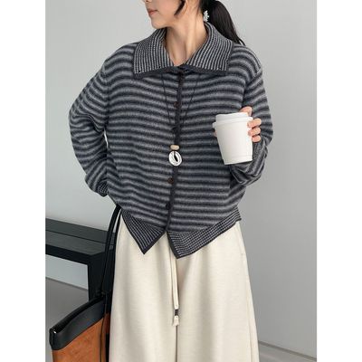 那末韩系复古慵懒风翻领条纹毛衣女立领百搭显瘦开叉针织衫2676