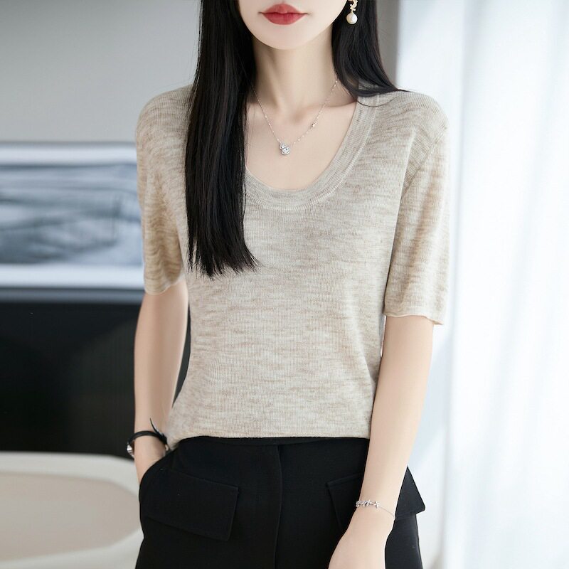 2026年春夏新款亚麻U领针织短袖女彩纱修身显瘦套头打底衫上衣T恤