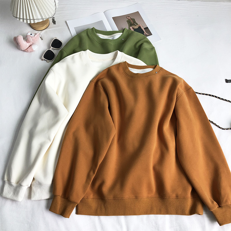 日系通勤风宽松圆领套头加绒卫衣女长袖纯色简约上衣2025秋冬新品