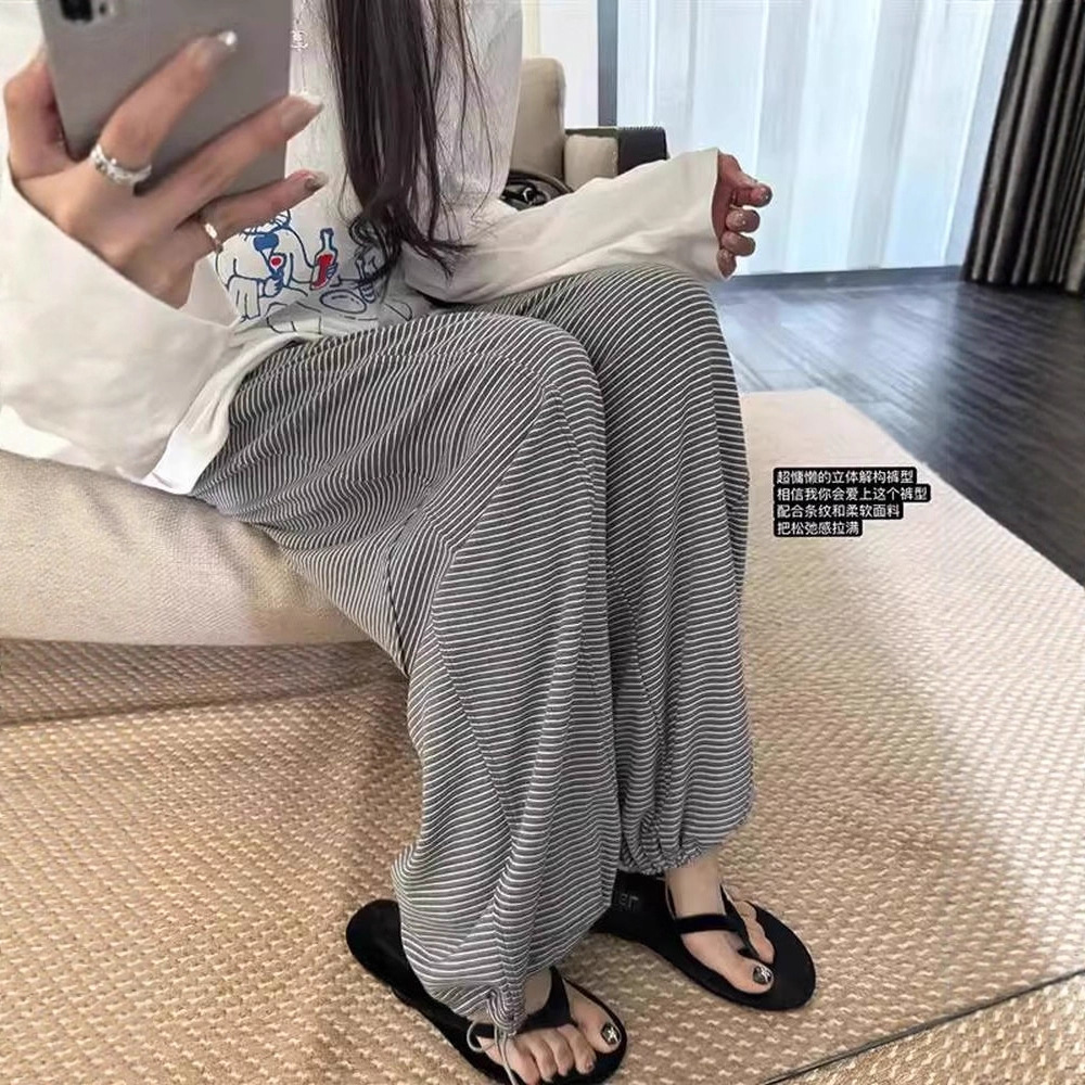 立体分割解构条纹运动裤女夏秋大码胖MM高腰脚抽绳显瘦休闲长裤