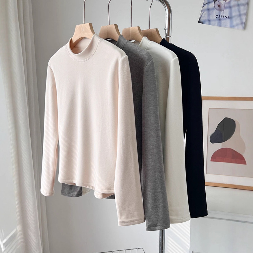 羊毛加厚磨毛打底衫女2025秋冬保暖显瘦小立领内搭长袖T恤上衣服