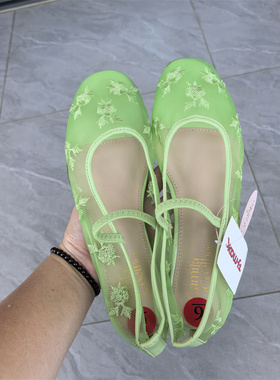 外贸原单一字带吊牌价$24.99美大码平底女鞋网纱刺绣夏季清爽单鞋