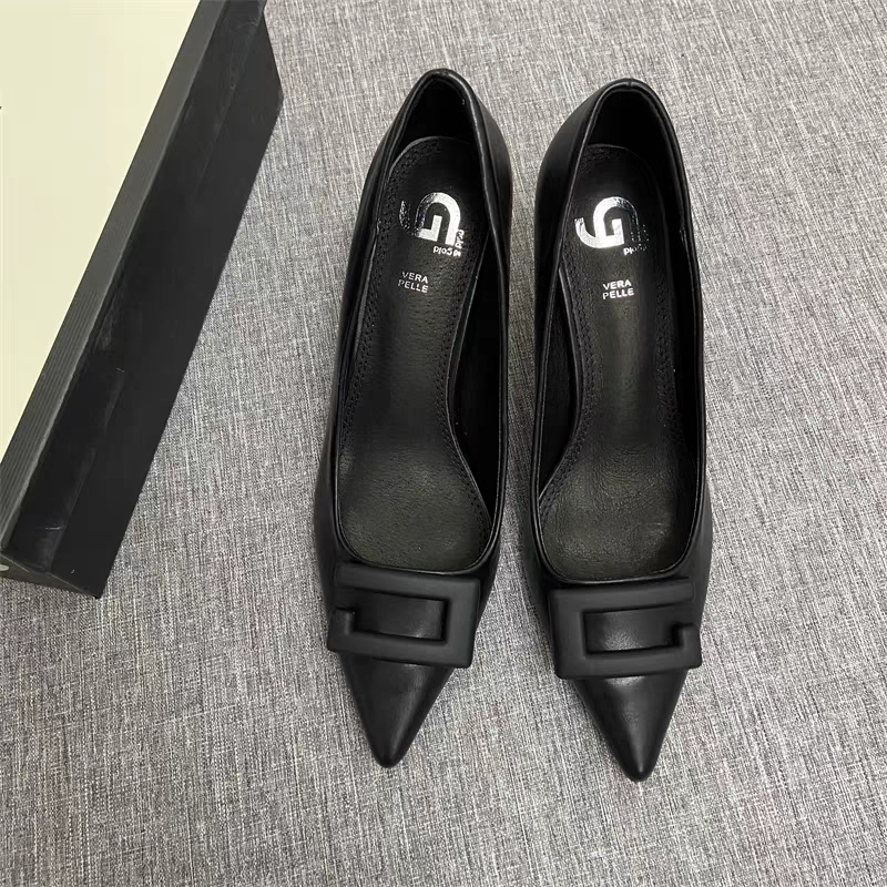 8厘米外贸原单法式优雅气质高跟尖头单鞋女浅口细跟方扣跟鞋上班