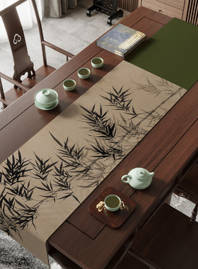 禅意茶席桌旗彩麻防水桌布茶桌茶台茶几茶布新中式轻奢高端茶旗布