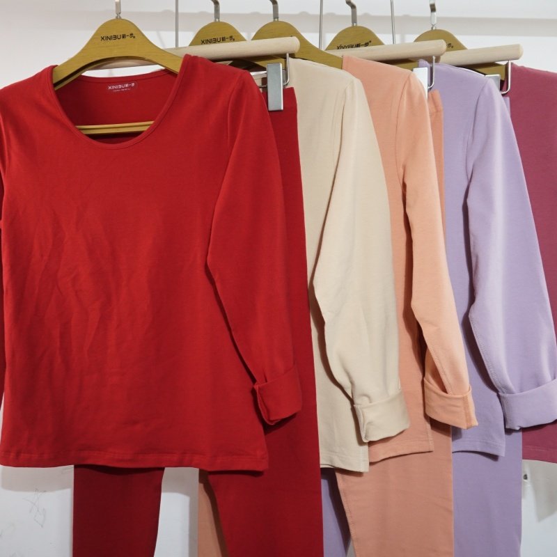 新一步女士保暖内衣圆领小朵羽棉薄款纯色弹力纯棉秋衣秋裤22010