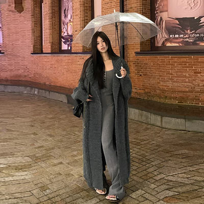 复古慵懒风翻领长款毛衣针织外套女秋冬加厚韩系宽松气质过膝开衫