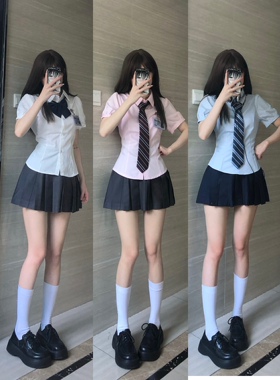 栗子猪飘带纯色衬衫夏季jk制服现货纽扣泡泡袖百搭收腰短袖学院风