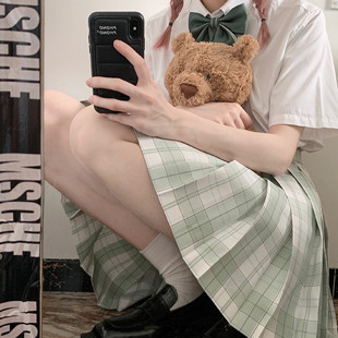 日系原创校供感绿色裙现货 栗子猪JK 抹茶小方 格裙制服春季 夏季