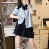 jk制服日系套装 栗子猪原创 短袖 衬衫 上衣蓝白色学院风夏 小花町