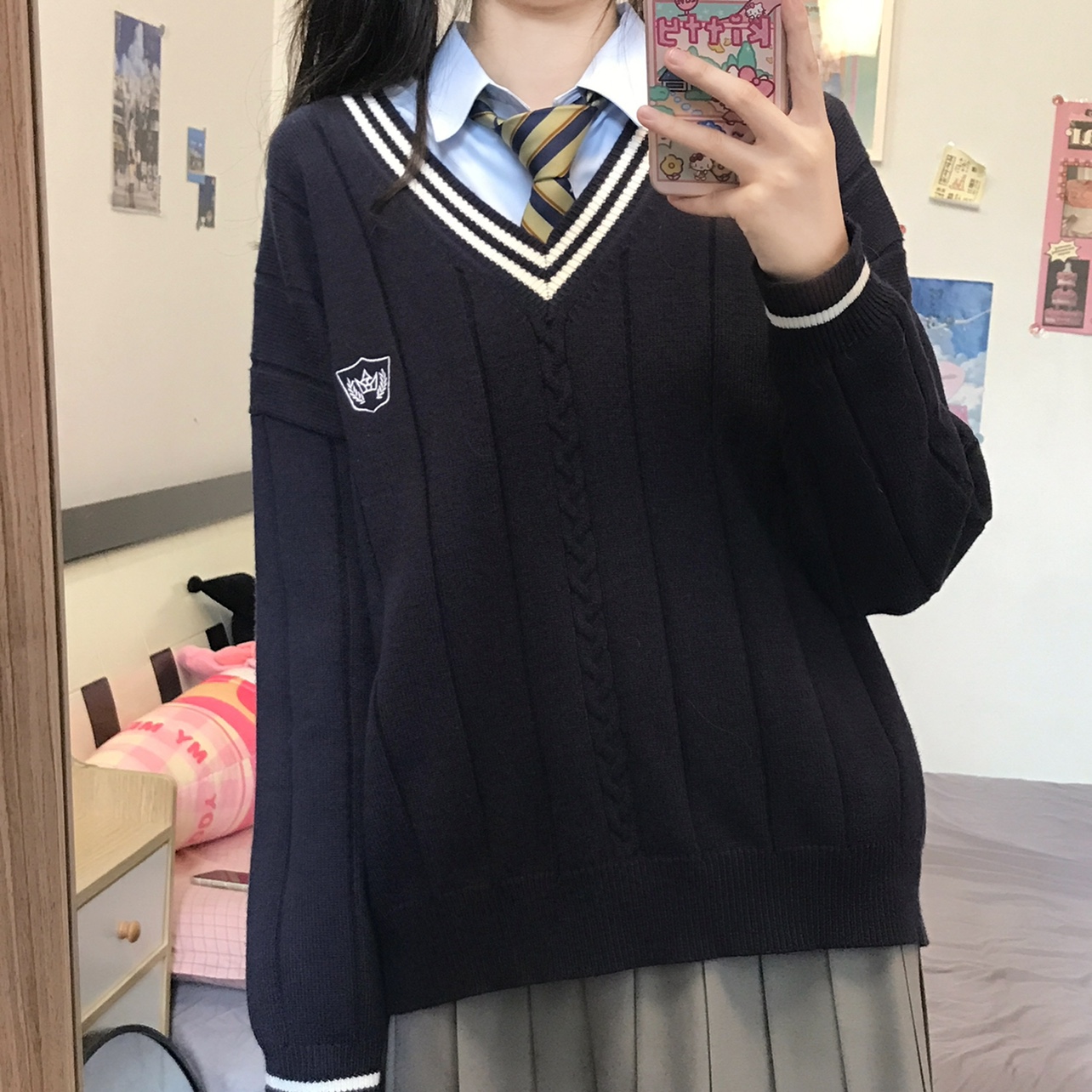 栗子猪仿兔毛v领套头校供感