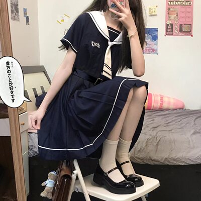 日系长裙TR纯色刺绣水手领