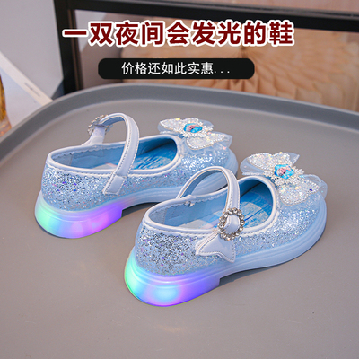 女童灯鞋方口公主鞋2025春秋新款儿童软底宝宝亮片水晶鞋演出鞋子