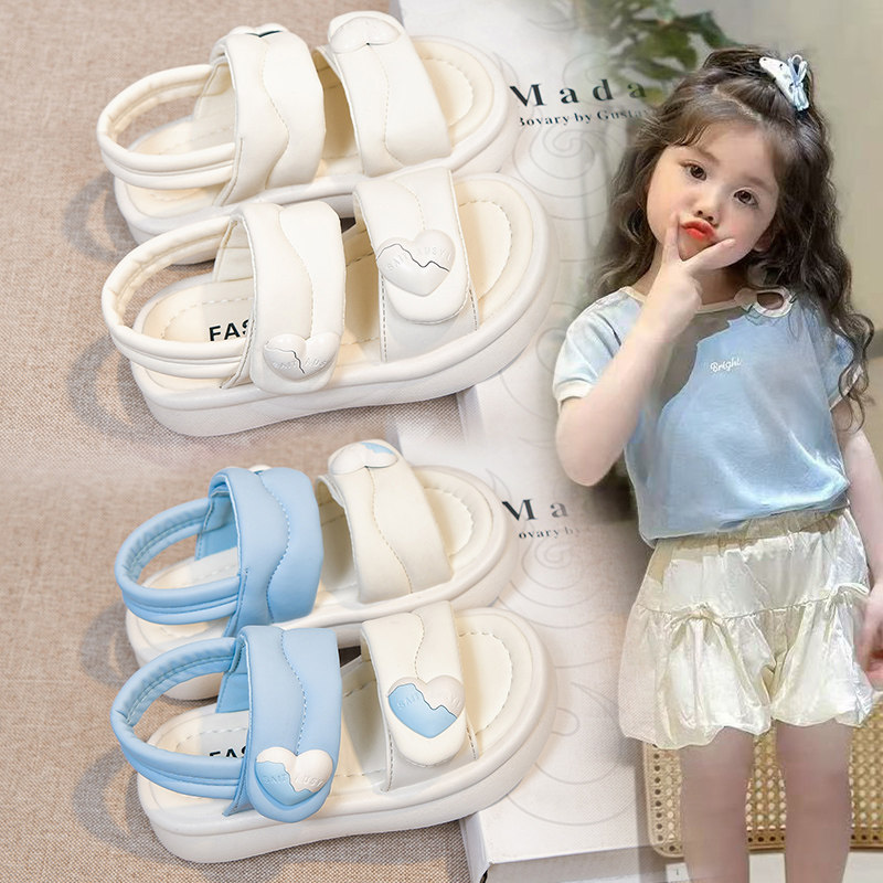 女童休闲风魔术贴凉鞋儿童夏季新款厚底爱心配裙子露趾童鞋学生鞋