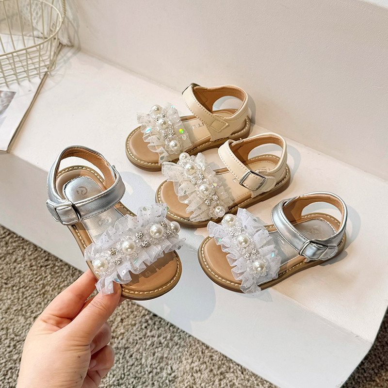 女童珍珠花边软底防滑公主凉鞋