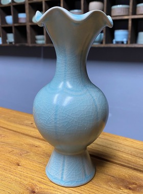 宋代美学仿古汝瓷窑花瓶中式简约古典高端客厅插花博古架瓷器摆件