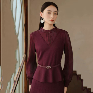 娜家同款女装25年秋季新品红色喜宴聚会假两件拼接气质收腰针织衫