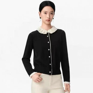 2026春季新品娜家同款女装盘绣领拼接减龄套头黑色针织衫上衣女
