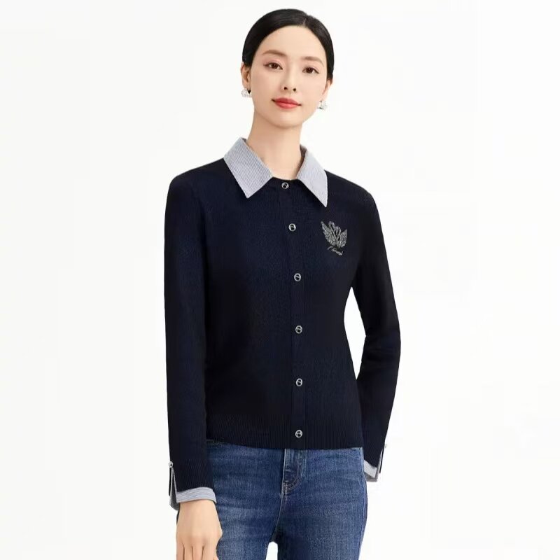 娜家同款女装2025年秋季新品衬衫领拼接百搭显瘦针织衫套头上衣