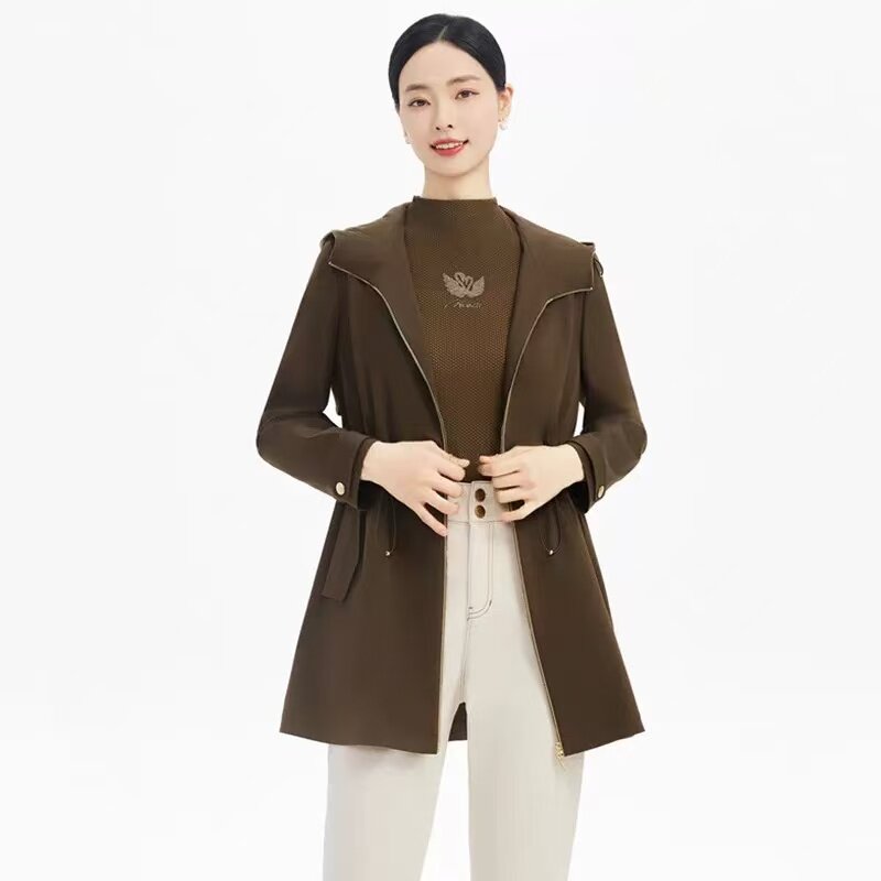 娜家同款女装25年秋季新品时尚连帽收腰风衣女中长款显瘦百搭外套