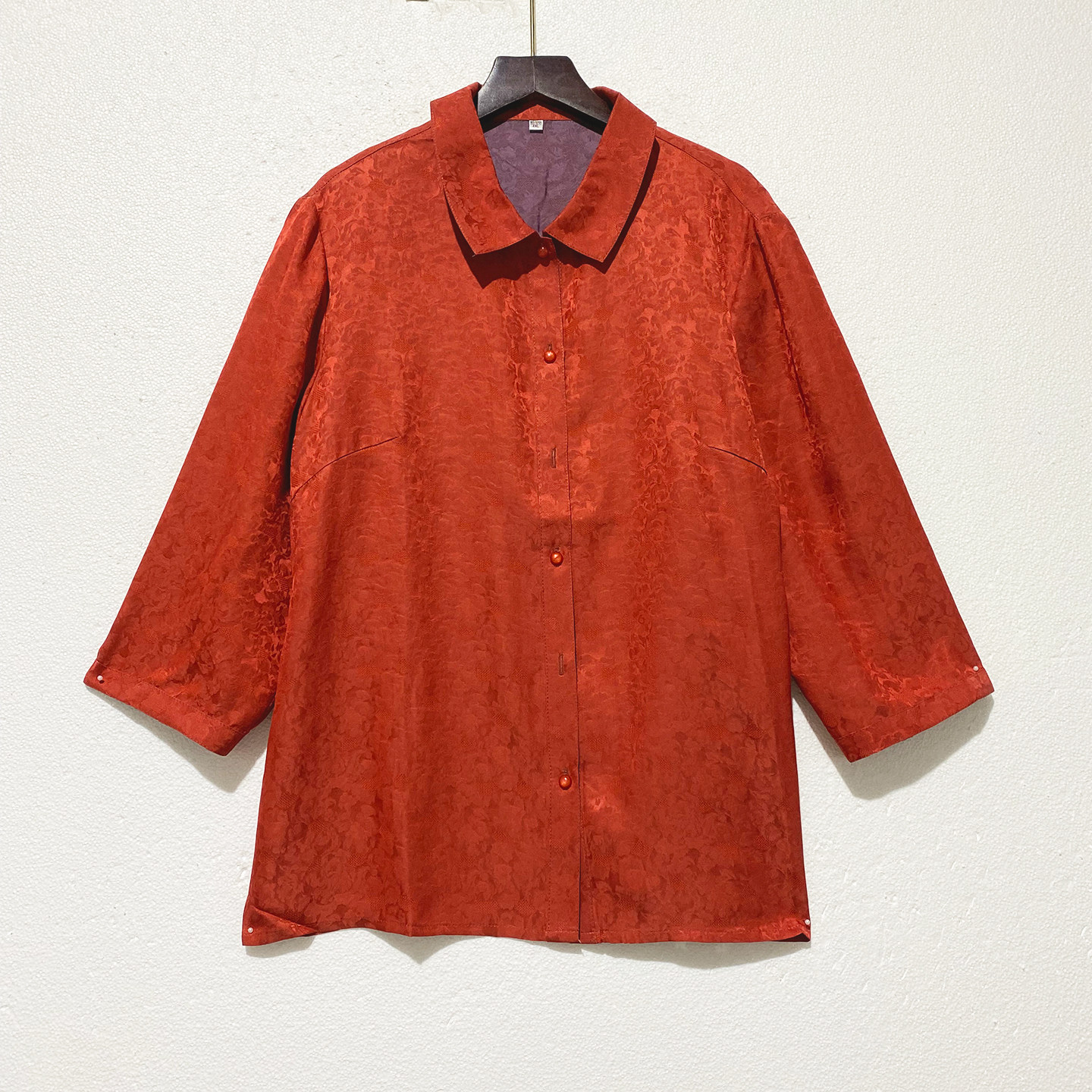 亮红色七分袖衬衫女2026年春夏季新款中老年休闲宽松百搭