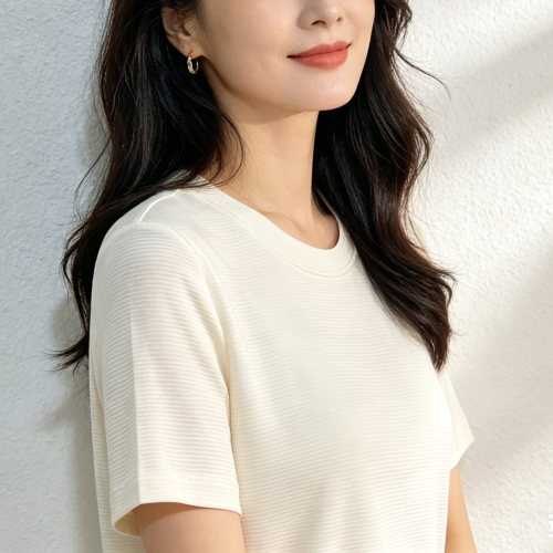 桑蚕丝真丝圆领短袖纯白t恤2026年夏季百搭休闲透气上衣T恤衫女