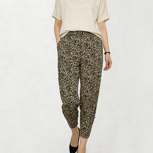 中老年时髦长裤 桑蚕丝豹纹哈伦裤 新款 2026年春季 女 真丝休闲小脚裤