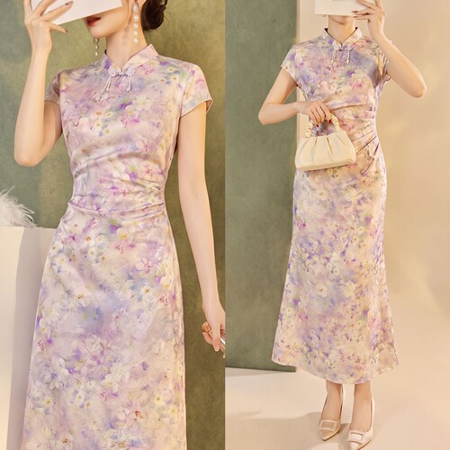 桑蚕丝印花旗袍连衣裙
