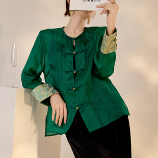 AYOMIS轻薄真丝桑蚕丝透肤衬衫2024夏季新中式国风祖母绿盘扣上衣