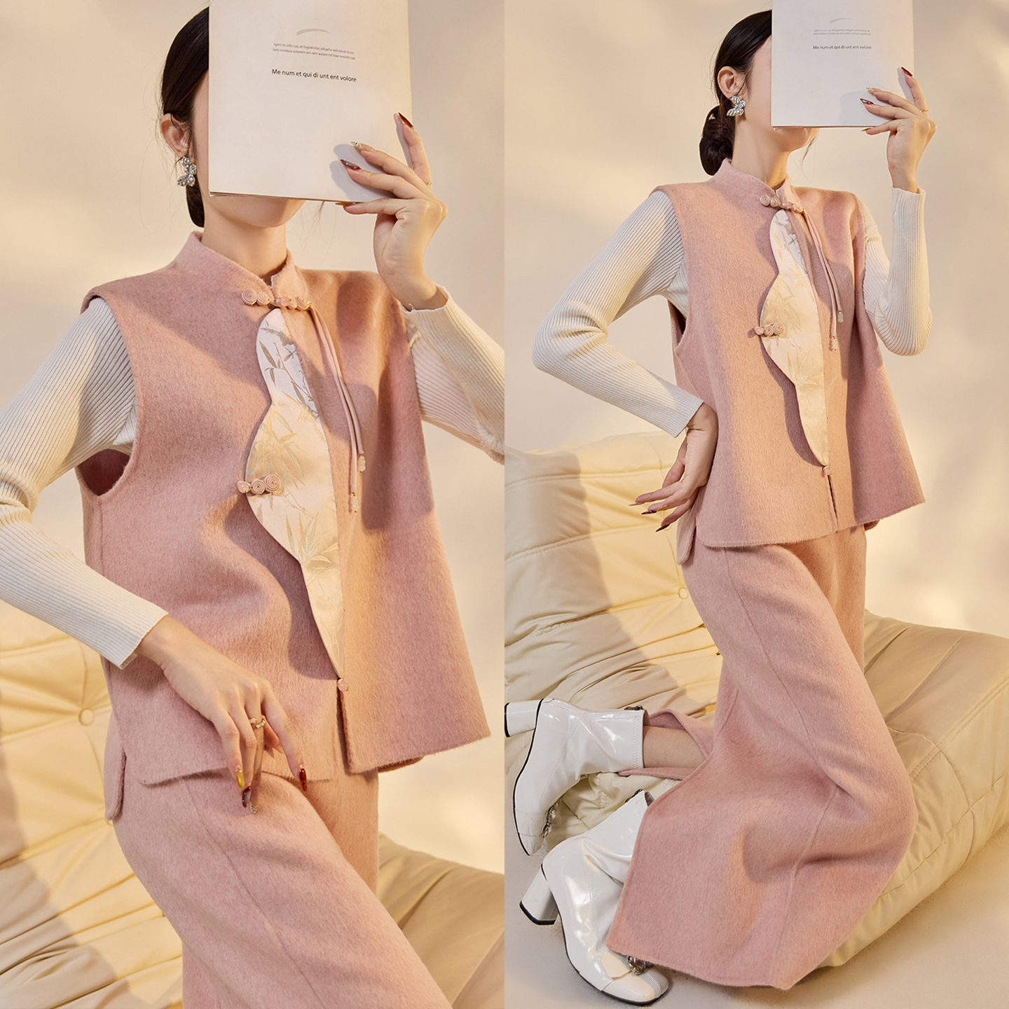 AYOMIS新中式刺绣盘扣汉服羊毛呢外套/马甲+开叉直筒半身裙3件套