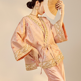 AYOMIS 金丝掐花蝴蝶刺绣上衣流苏扣汉服外套女 琼花粉蝶 新中式