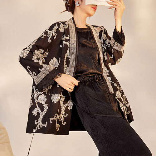 新中式镶钻刺绣棉麻外套女
