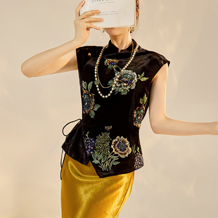 AYOMIS原创新中式亮片刺绣马甲秋装国风系带收腰黑色真丝丝绒背心