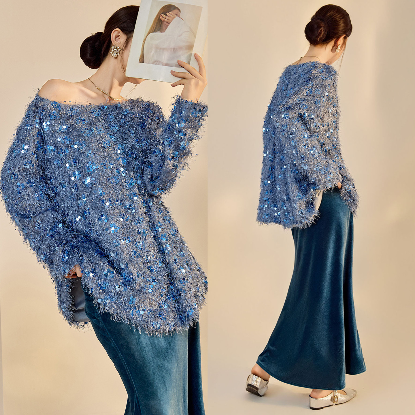 AYOMIS【凝夜雾花】秋冬复古气质V领亮片毛衣+修身丝绒半裙套装女,女装/女士精品,汉服套装,淘宝优惠券,粉丝福利购,淘宝优惠卷