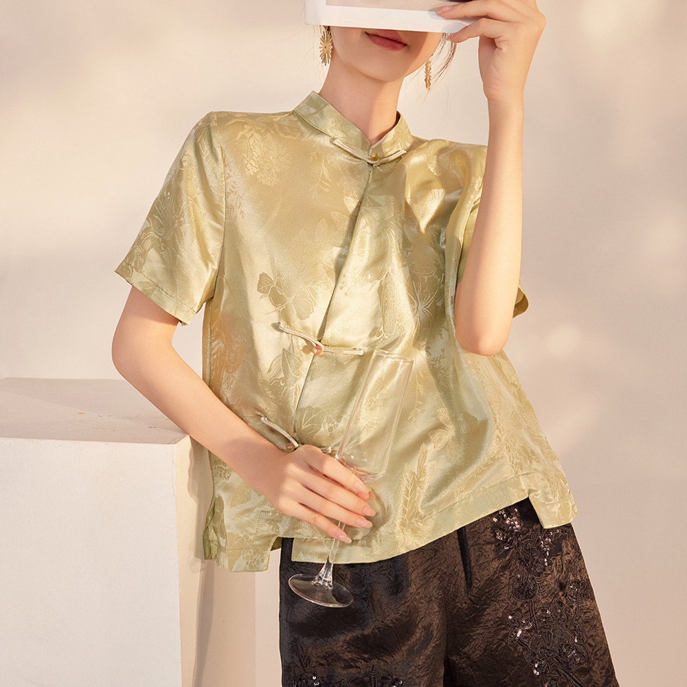 AYOMIS新中式斜襟盘扣提花上衣2026春夏新品短款减龄汉服女装衬衫