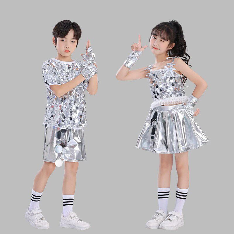 六一新款儿童科技感亮片表演服幼儿园小学走秀服装嘻哈街舞演出服