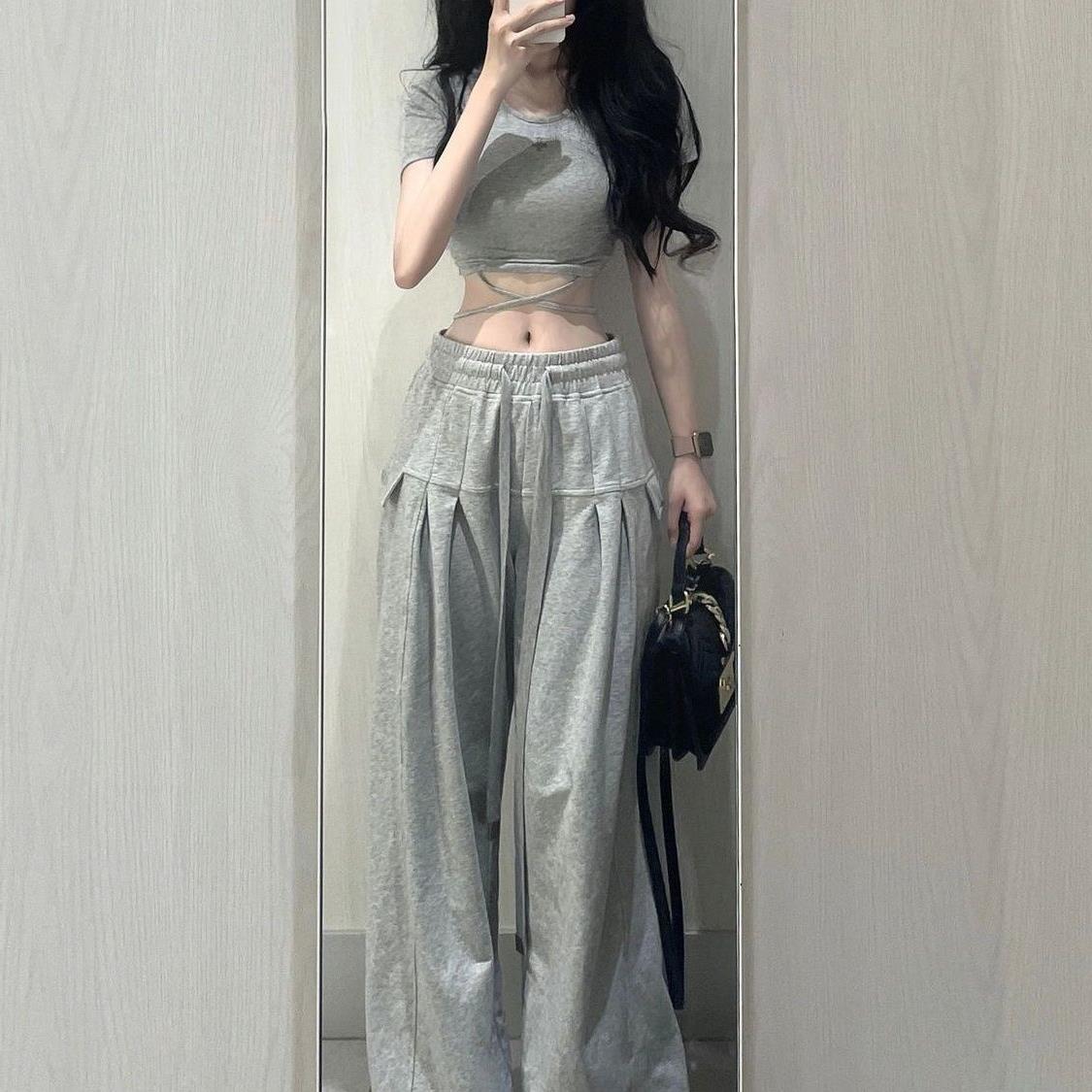 美式复古灰色夏季薄款阔腿裤女