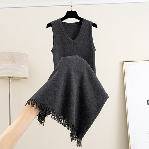 A字纯色流苏针织连衣裙女