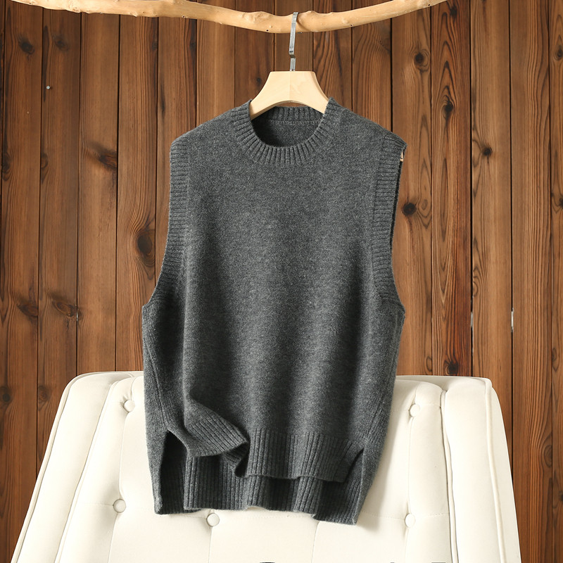 圆领中长款针织马夹背心女秋冬新款前短后长宽松大码显瘦羊毛马甲