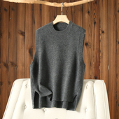 前短后长宽松大码 圆领中长款 针织马夹背心女秋冬新款 显瘦羊毛马甲