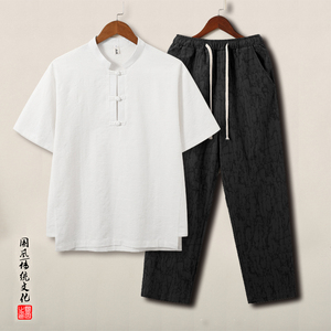 QT715-TZ815-P115夏季风提花棉麻短袖T恤套装男大码盘扣立领3图片