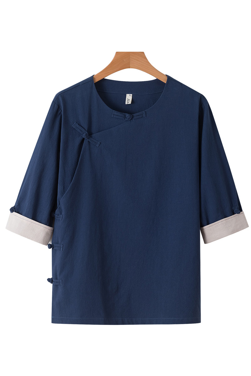 QT715-C7221-P60夏季风棉麻短袖衬衫唐装汉服古装小衫-蓝,男装T恤,钱塘715