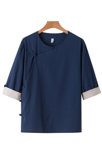 QT715-C7221-P60夏季风棉麻短袖衬衫唐装汉服古装小衫-蓝图片